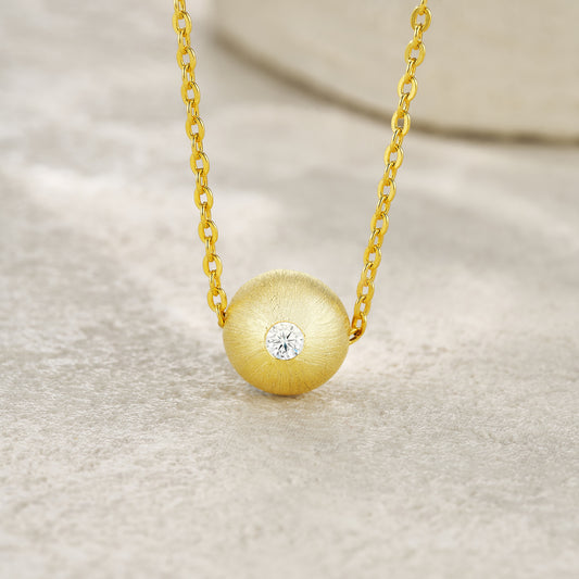 Gold-Tone Textured Sphere Necklace with Clear Stone - View 2 - Smonu