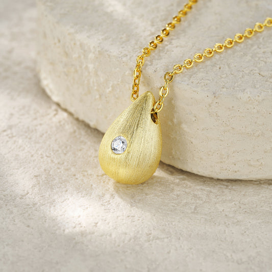 Gold-Tone Bezel Teardrop Necklace with Clear Stone - View 1 - Smonu