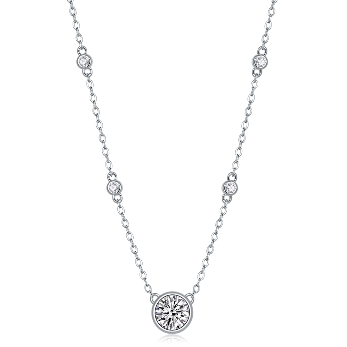 Silver-Tone Bezel Set Round Stone Necklace - View 1 - Smonu