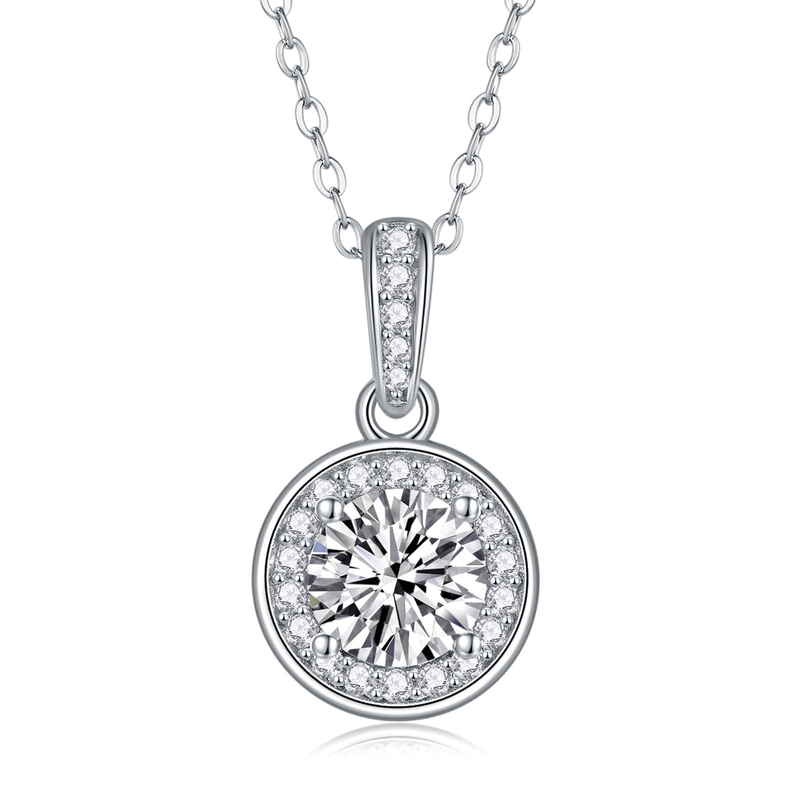 Silver-Tone Moissanite Halo Pendant Necklace
