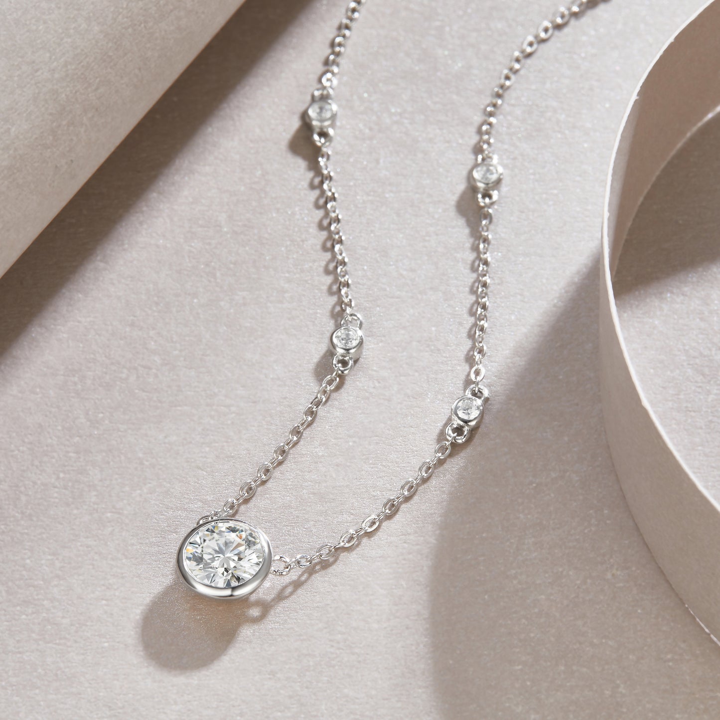 Silver-Tone Bezel Set Round Stone Necklace - View 3 - Smonu