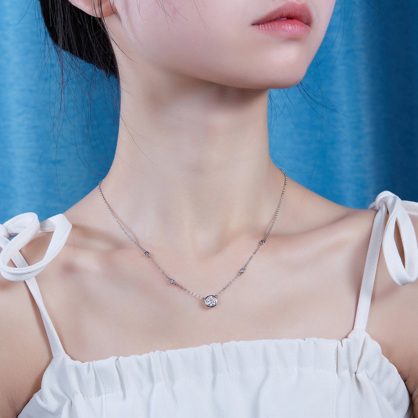 Silver-Tone Bezel Set Round Stone Necklace - View 5 - Smonu