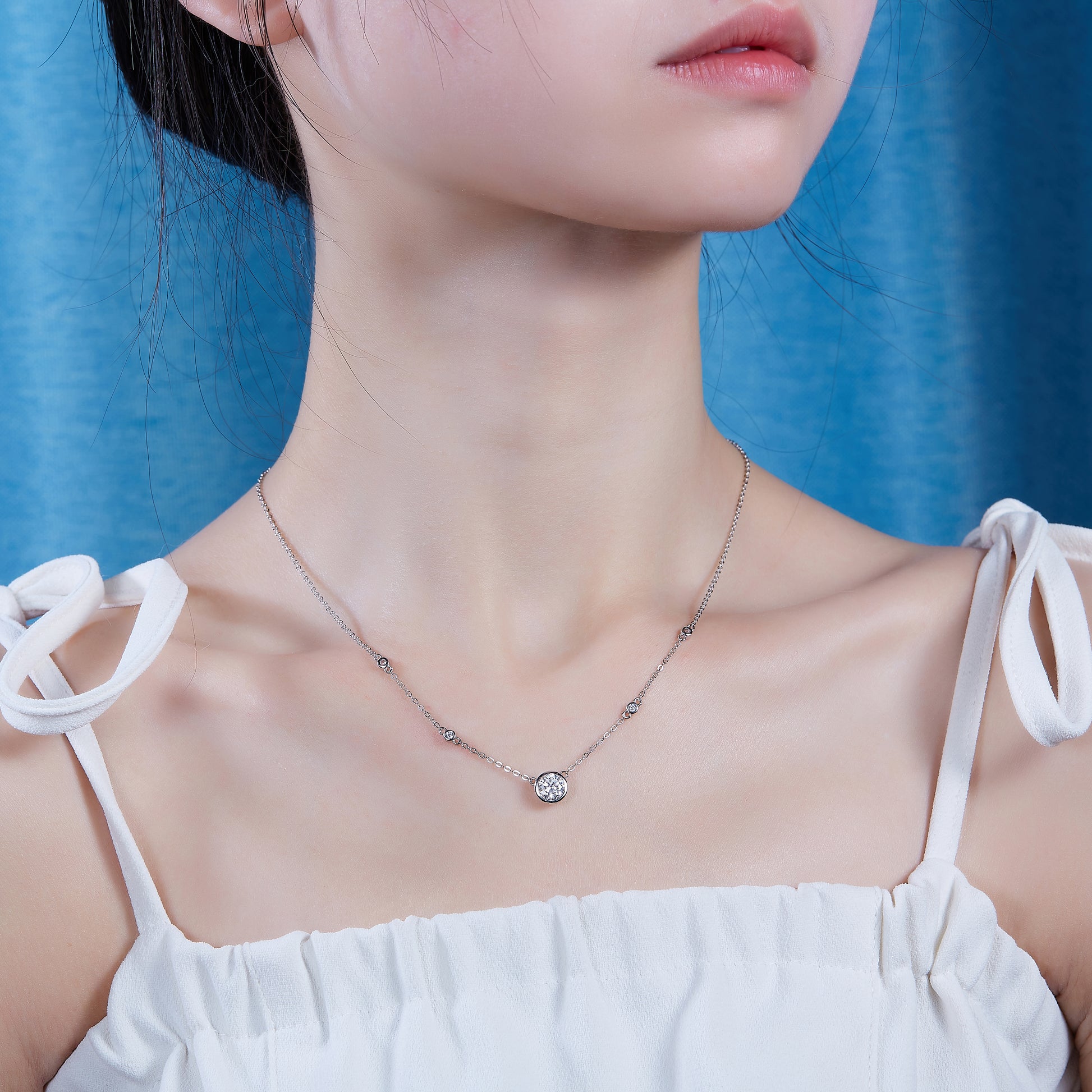 Silver-Tone Bezel Set Round Stone Necklace - View 5 - Smonu