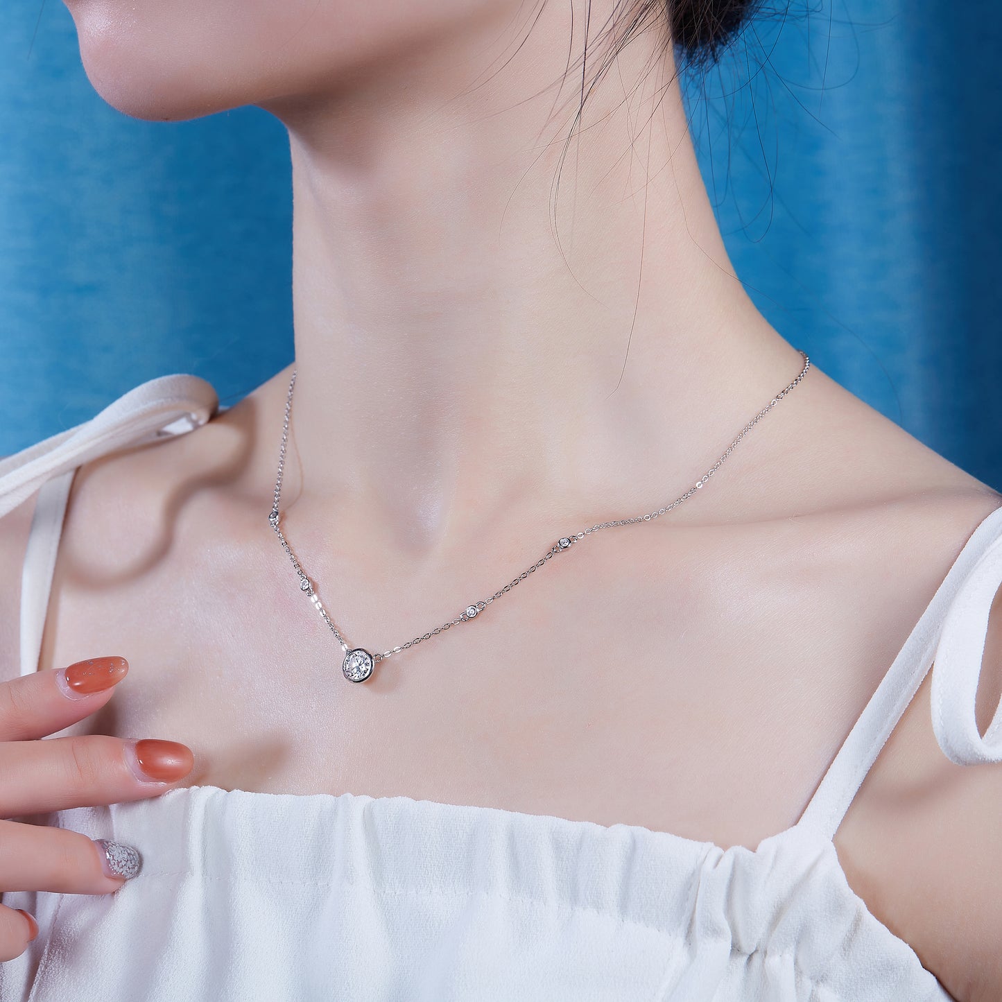 Silver-Tone Bezel Set Round Stone Necklace - View 6 - Smonu