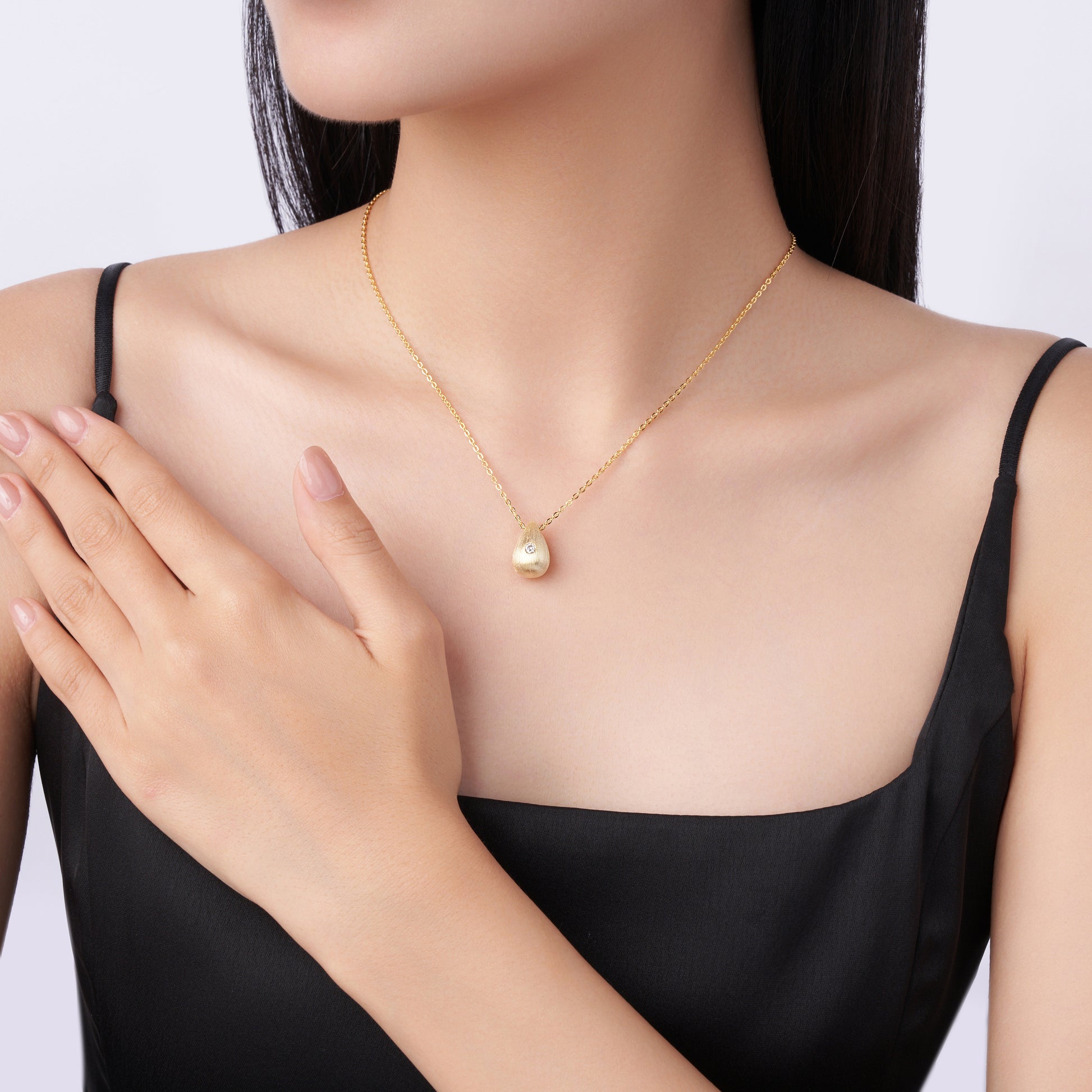 Gold-Tone Bezel Teardrop Necklace with Clear Stone - View 3 - Smonu