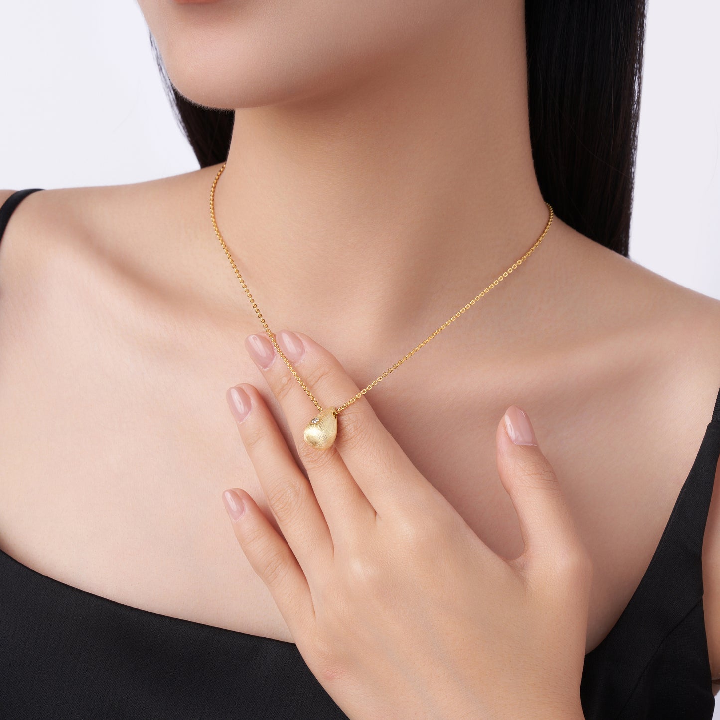 Gold-Tone Bezel Teardrop Necklace with Clear Stone - View 4 - Smonu