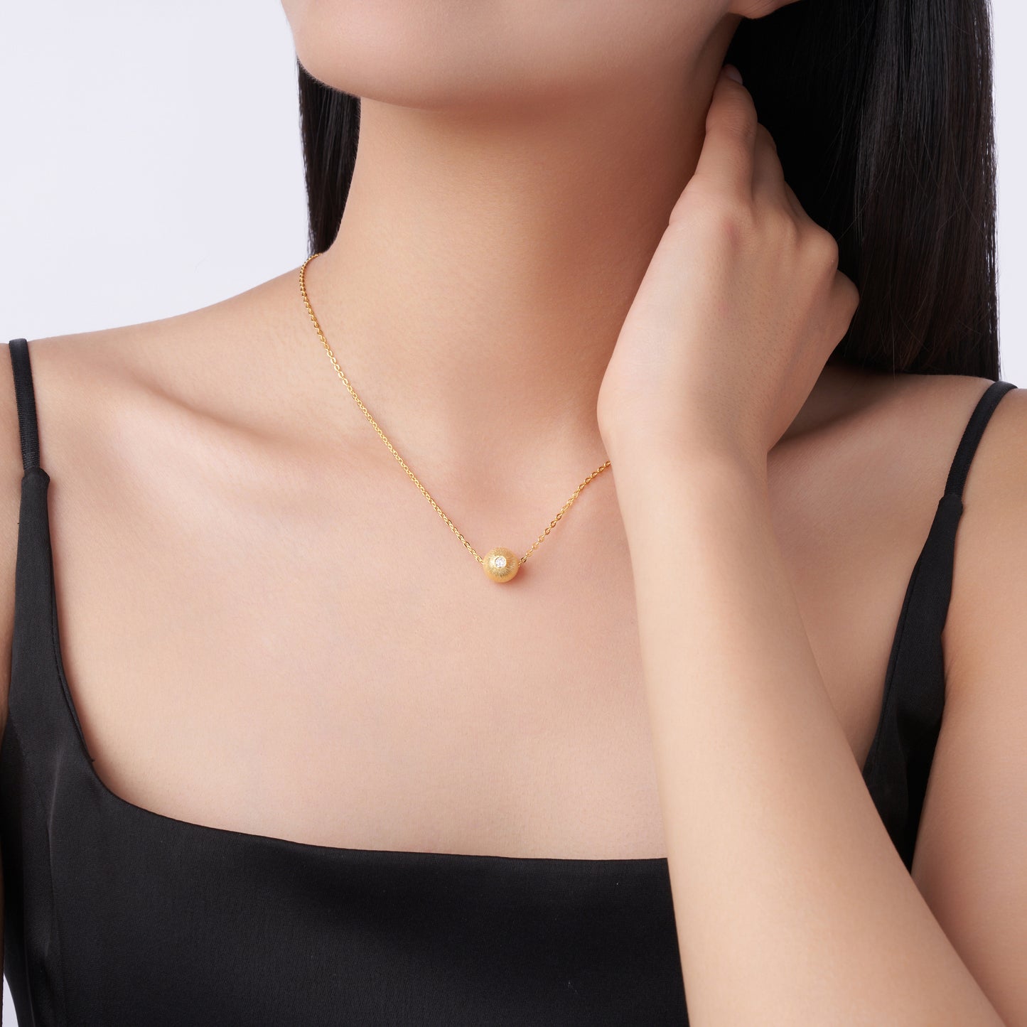 Gold-Tone Textured Sphere Necklace with Clear Stone - View 3 - Smonu