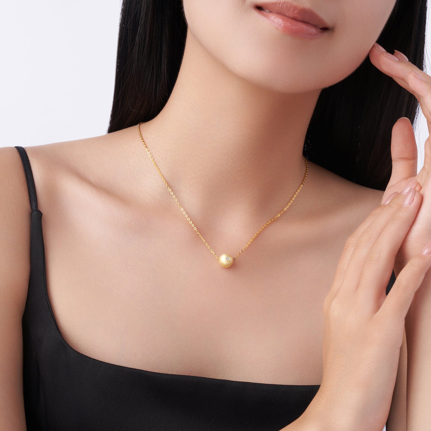 Gold-Tone Textured Sphere Necklace with Clear Stone - View 4 - Smonu