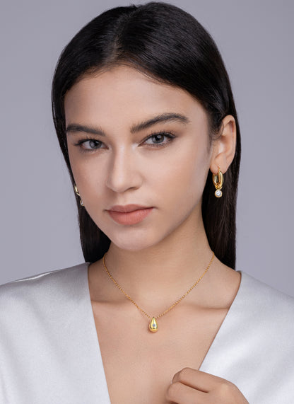 Gold-Tone Bezel Teardrop Necklace with Clear Stone - View 5 - Smonu