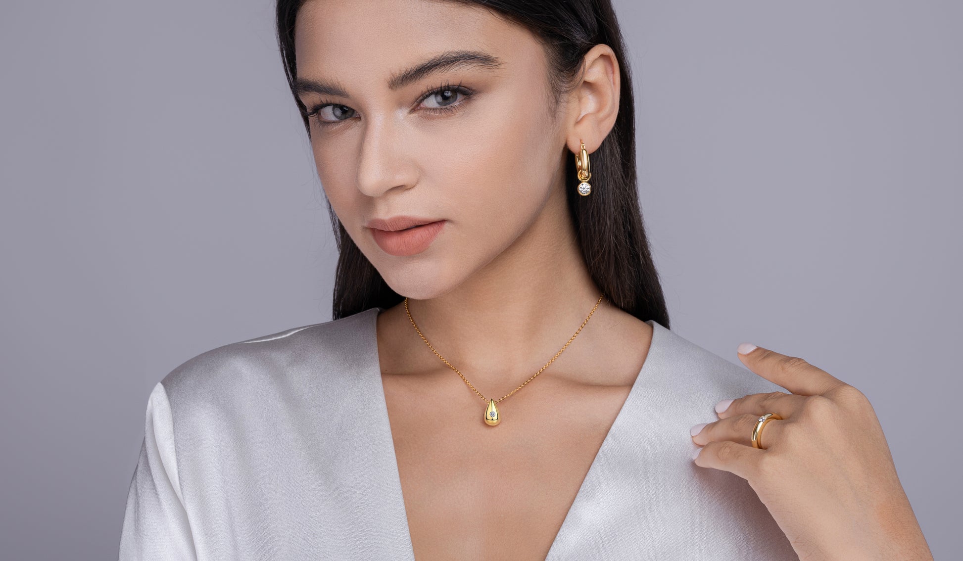 Gold-Tone Bezel Teardrop Necklace with Clear Stone - View 6 - Smonu