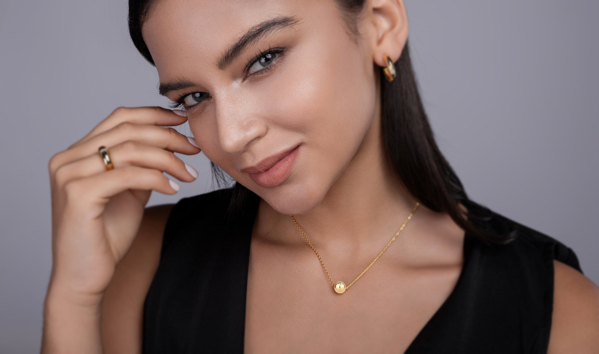 Gold-Tone Textured Sphere Necklace with Clear Stone - View 5 - Smonu