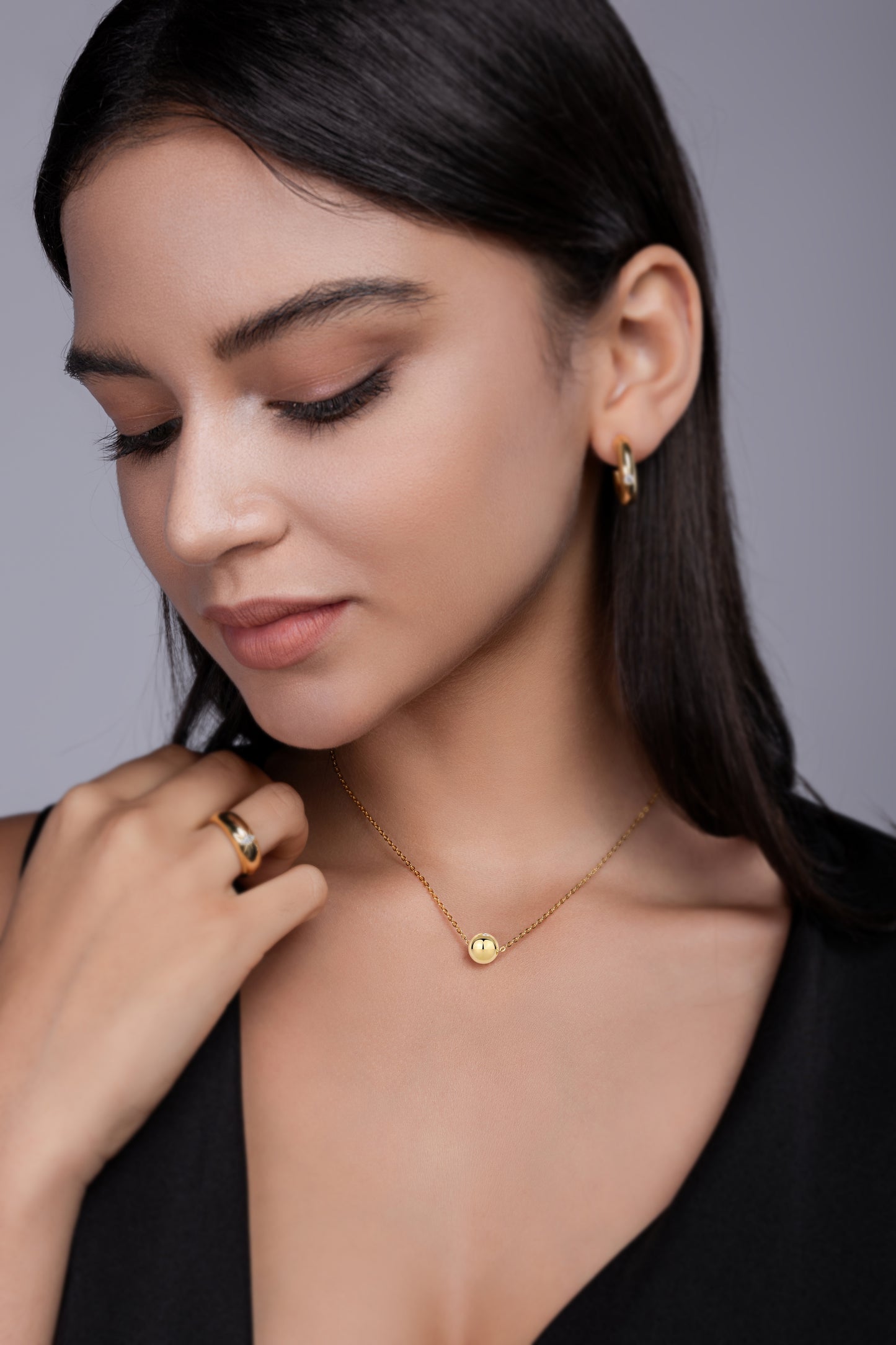 Gold-Tone Textured Sphere Necklace with Clear Stone - View 6 - Smonu
