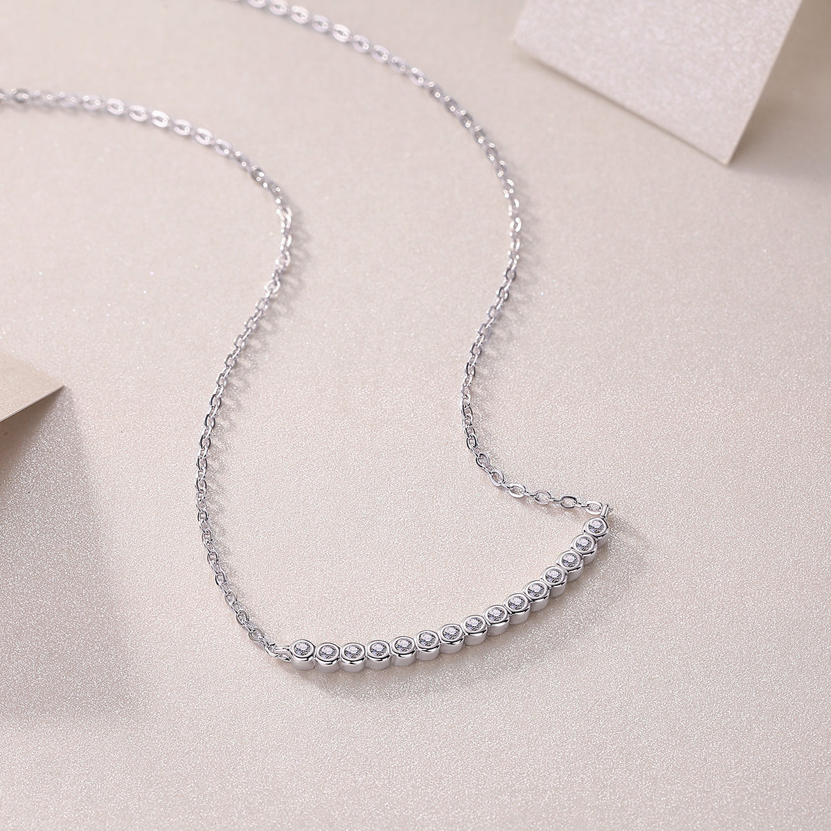 Silver-Tone Bezel Set Round Stone Necklace - View 2 - Smonu