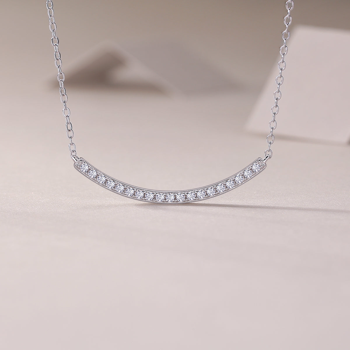 Silver-Tone Curved Bar Necklace with Clear Stones - View 1 - Smonu