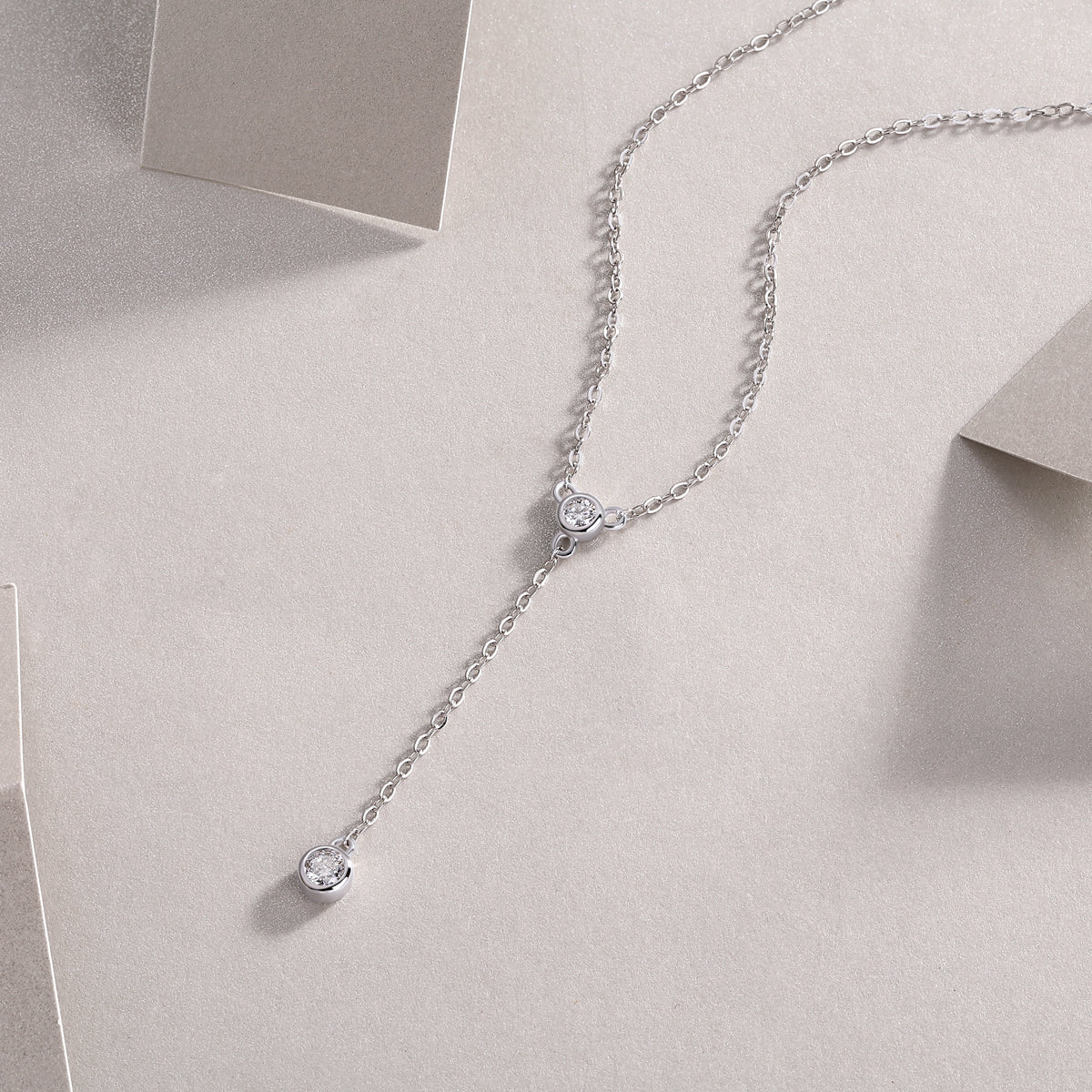 Silver-Tone Lariat Necklace with Round Stones - View 3 - Smonu