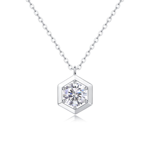 Silver Moissanite Pendant Necklace - Minimalist Hexagon