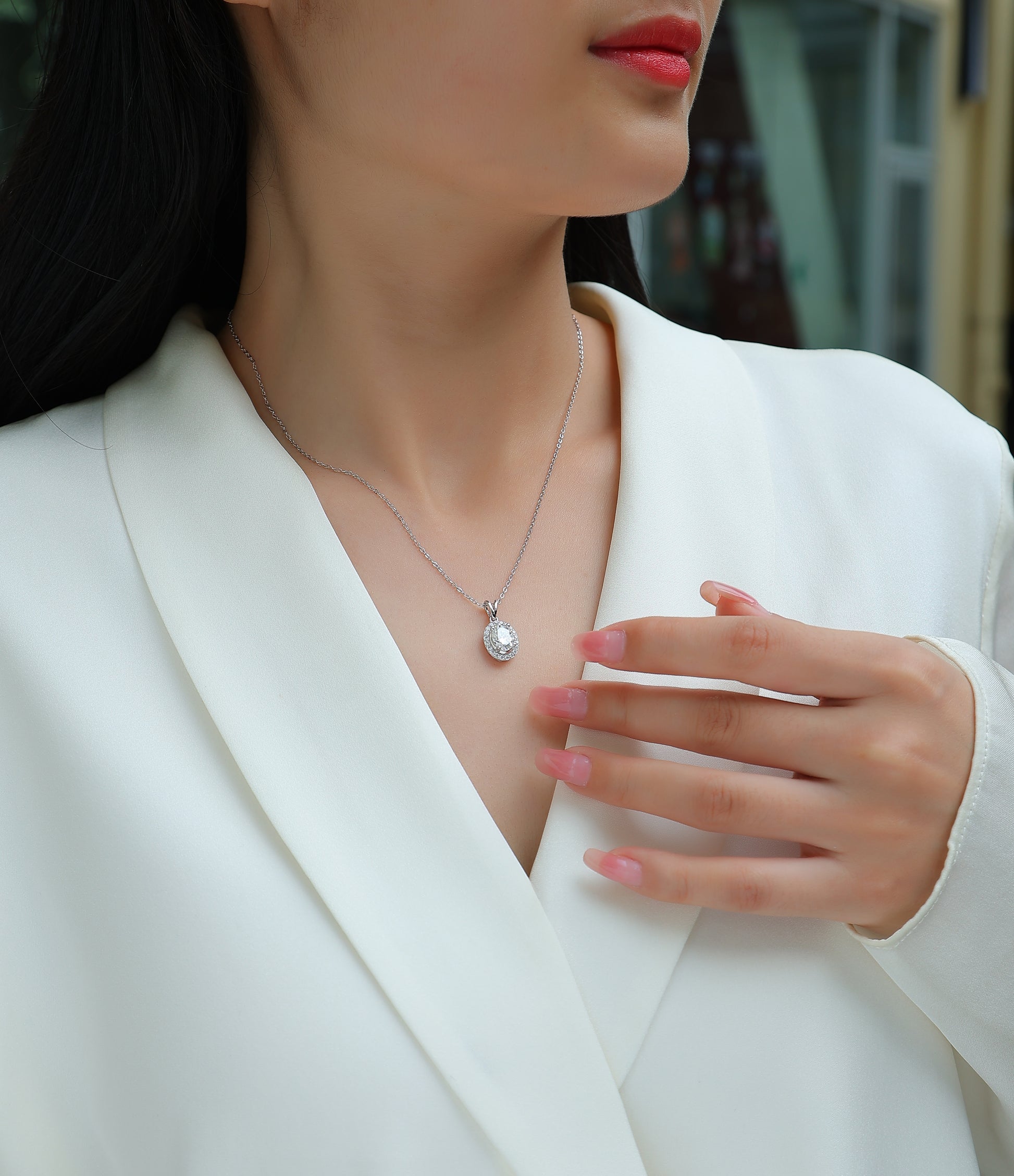 Silver-Tone Bezel Setting Round Stone Necklace - View 3 - Smonu
