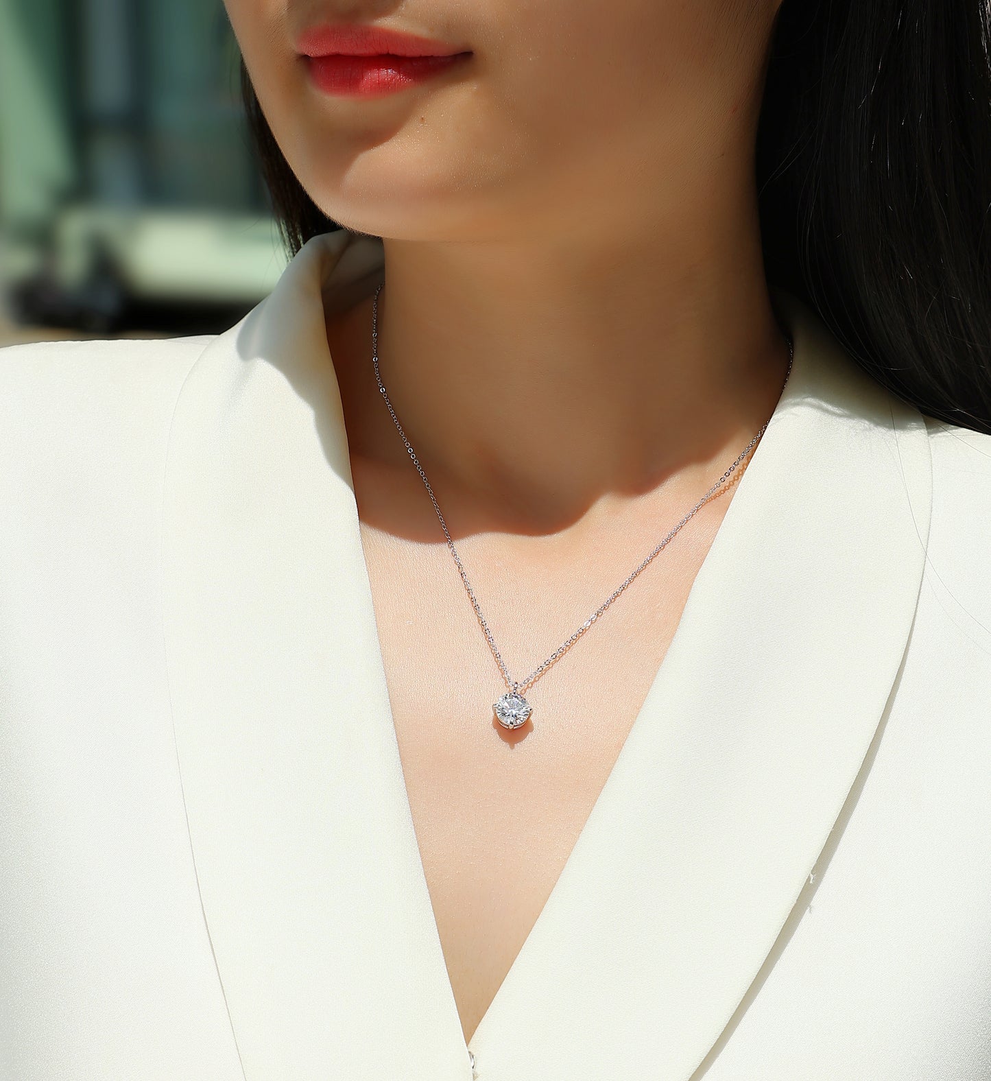 Silver-Tone Minimalist Necklace with Clear Round Stone - View 1 - Smonu
