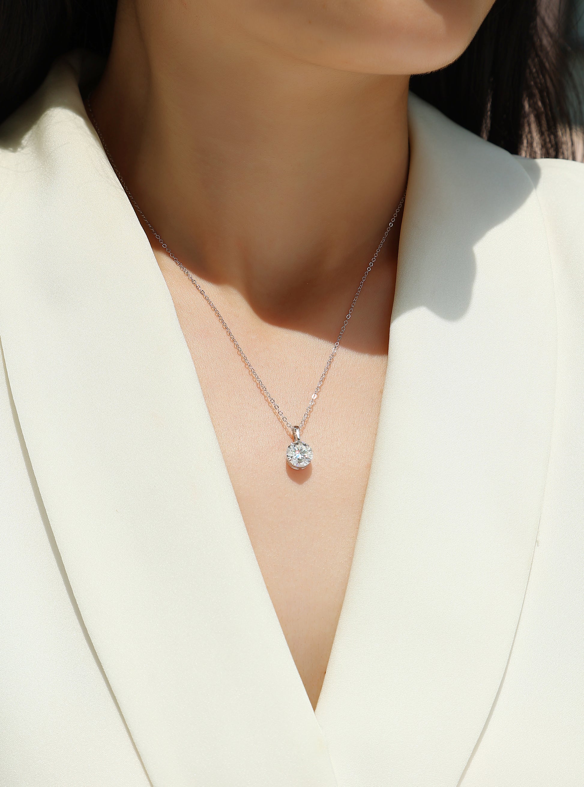 Silver-Tone Round Stone Solitaire Necklace - View 1 - Smonu