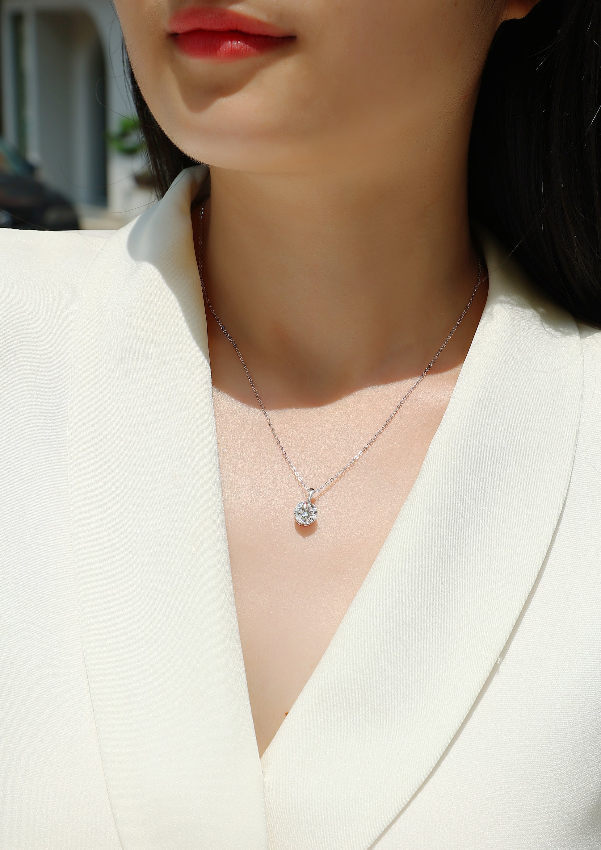 Silver-Tone Round Stone Solitaire Necklace - View 4 - Smonu