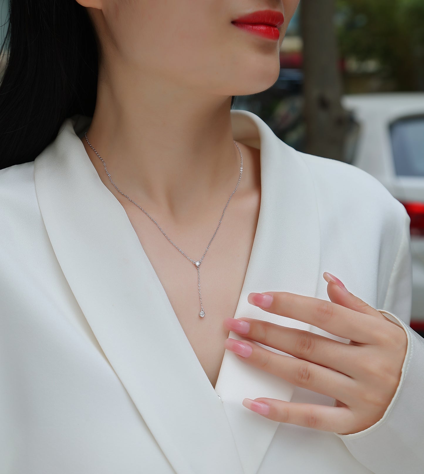 Silver-Tone Lariat Necklace with Round Stones - View 6 - Smonu