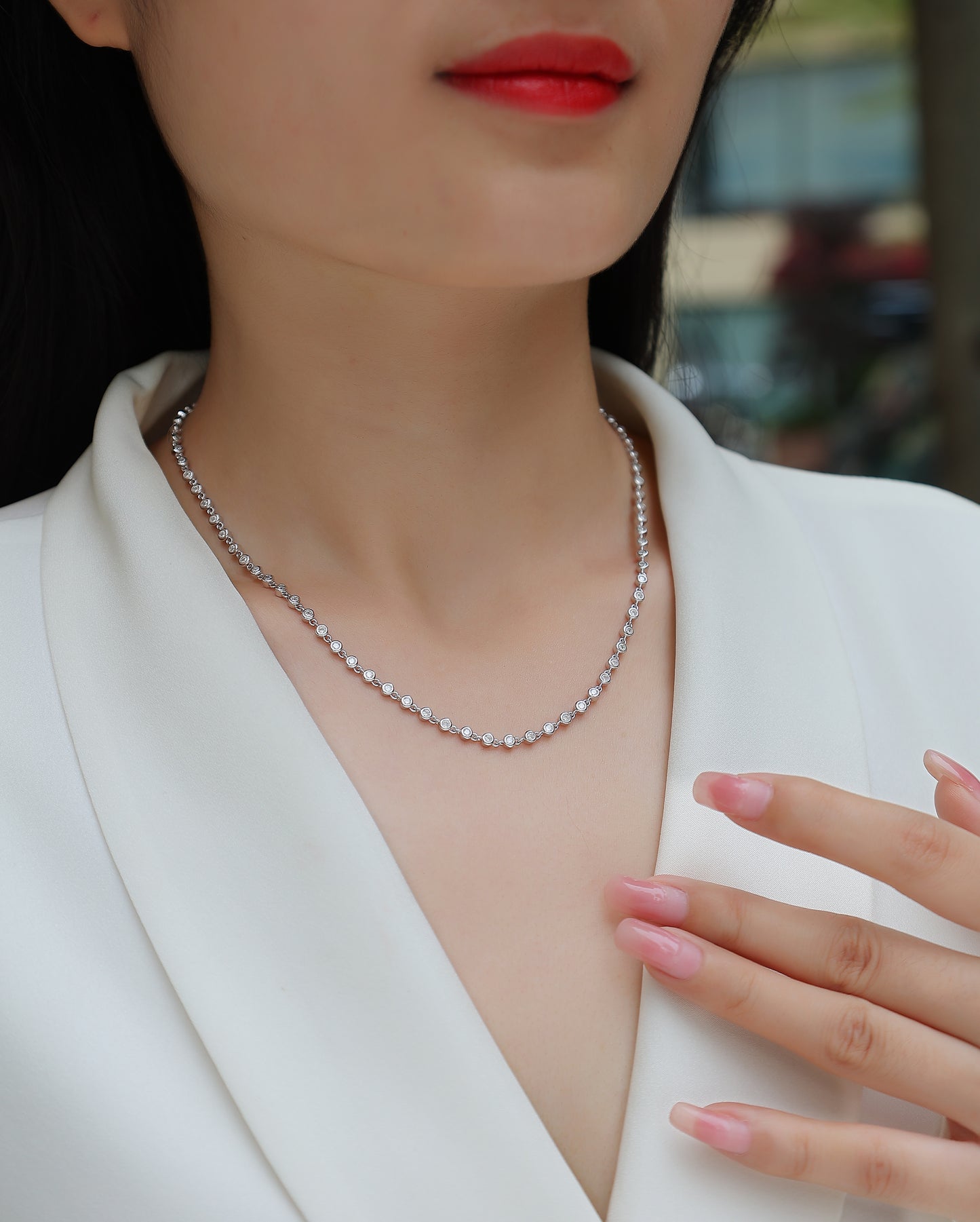 Silver-Tone Bezel Set Chain Necklace - View 6 - Smonu