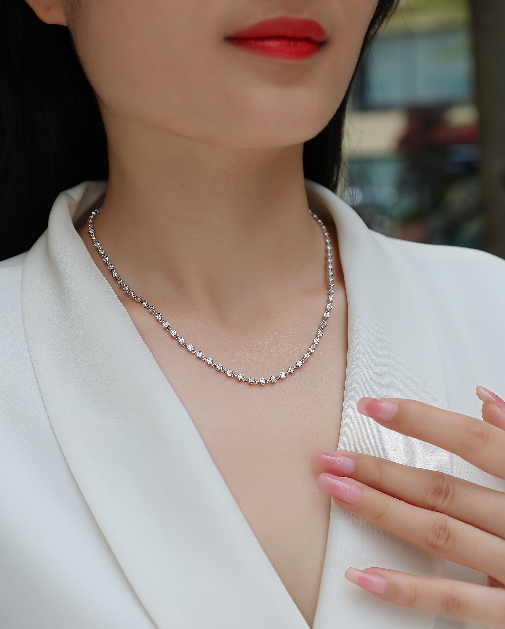 Silver-Tone Bezel Set Chain Necklace - View 6 - Smonu