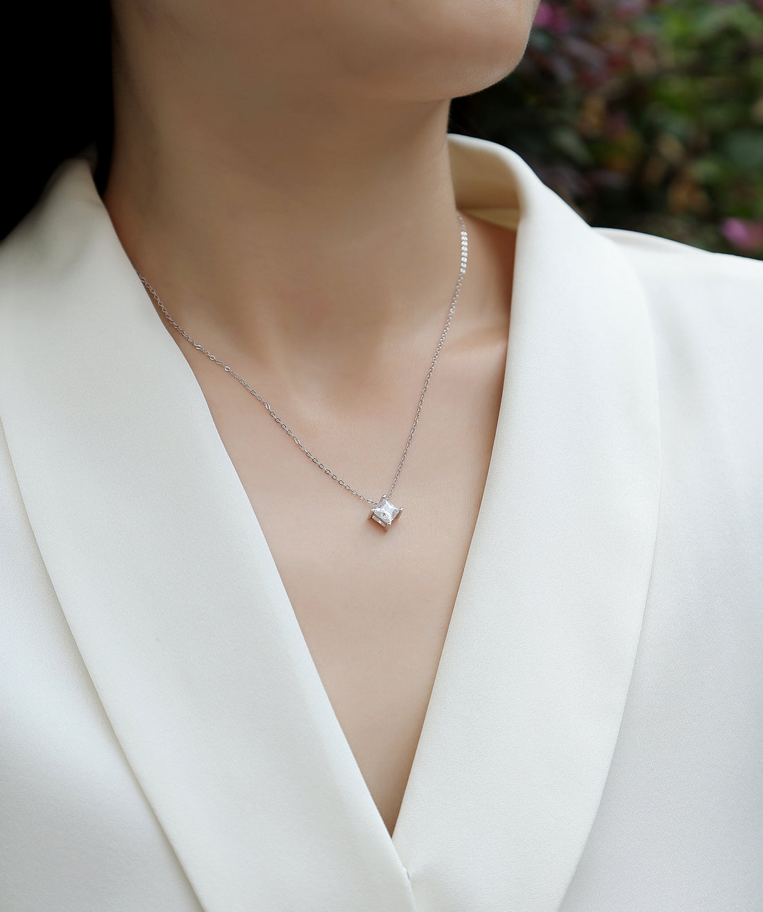 Silver Solitaire Square Moissanite Pendant Necklace