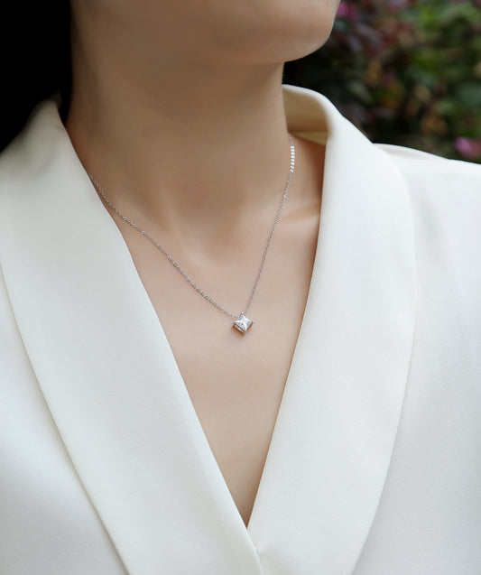 Silver-Tone Princess Cut Bezel Necklace - View 1 - Smonu