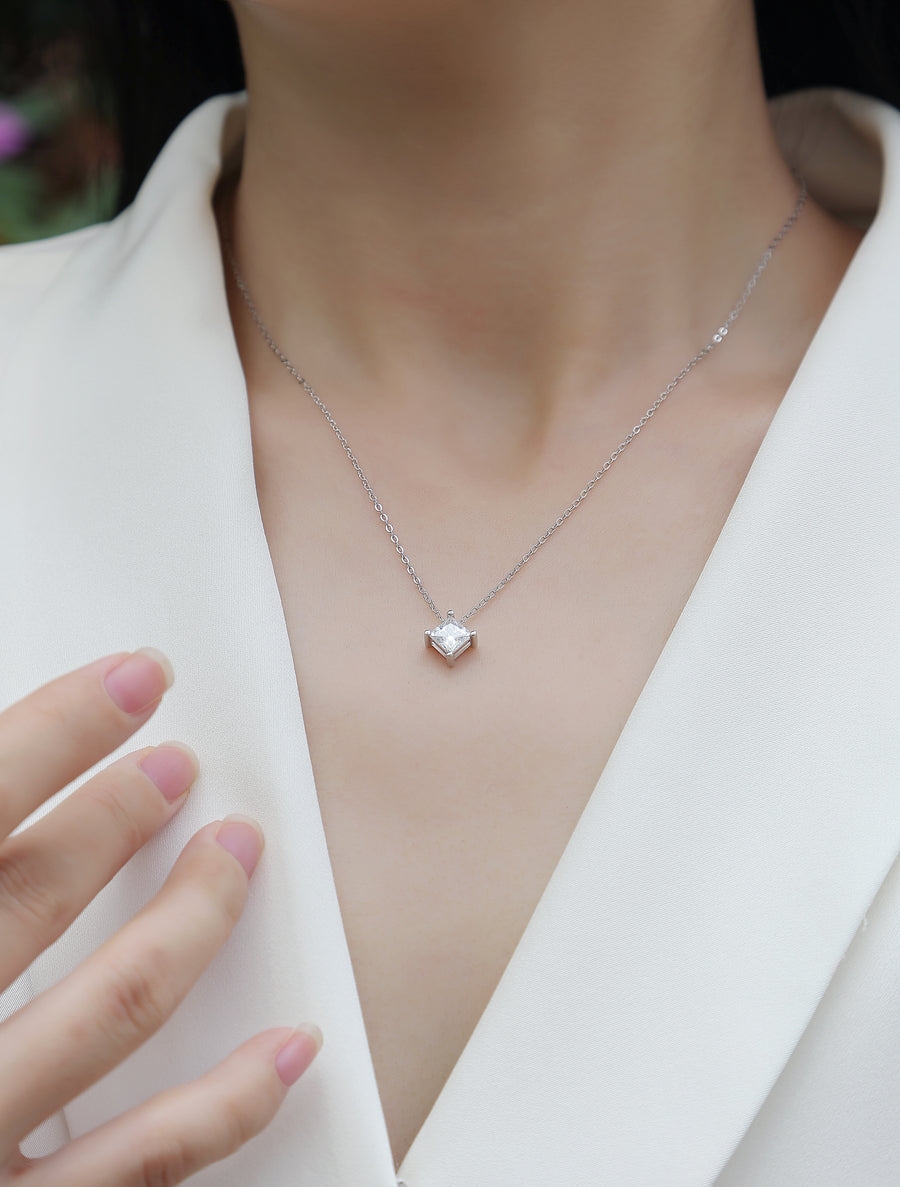 Silver Solitaire Square Moissanite Pendant Necklace