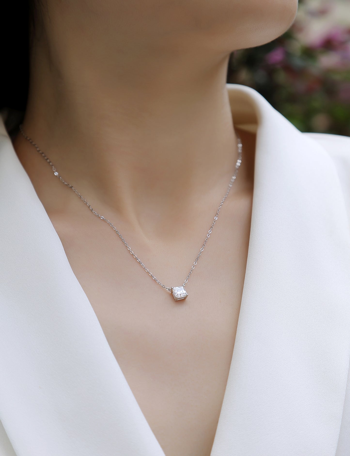 Silver-Tone Princess Cut Clear Stone Necklace - View 2 - Smonu