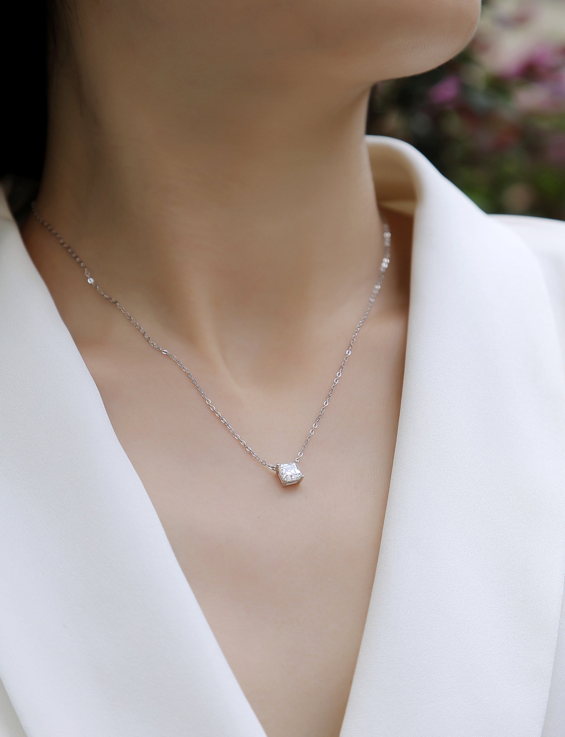 Silver-Tone Princess Cut Clear Stone Necklace - View 2 - Smonu