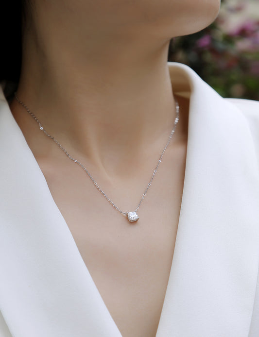 Silver-Tone Princess Cut Clear Stone Necklace - View 2 - Smonu
