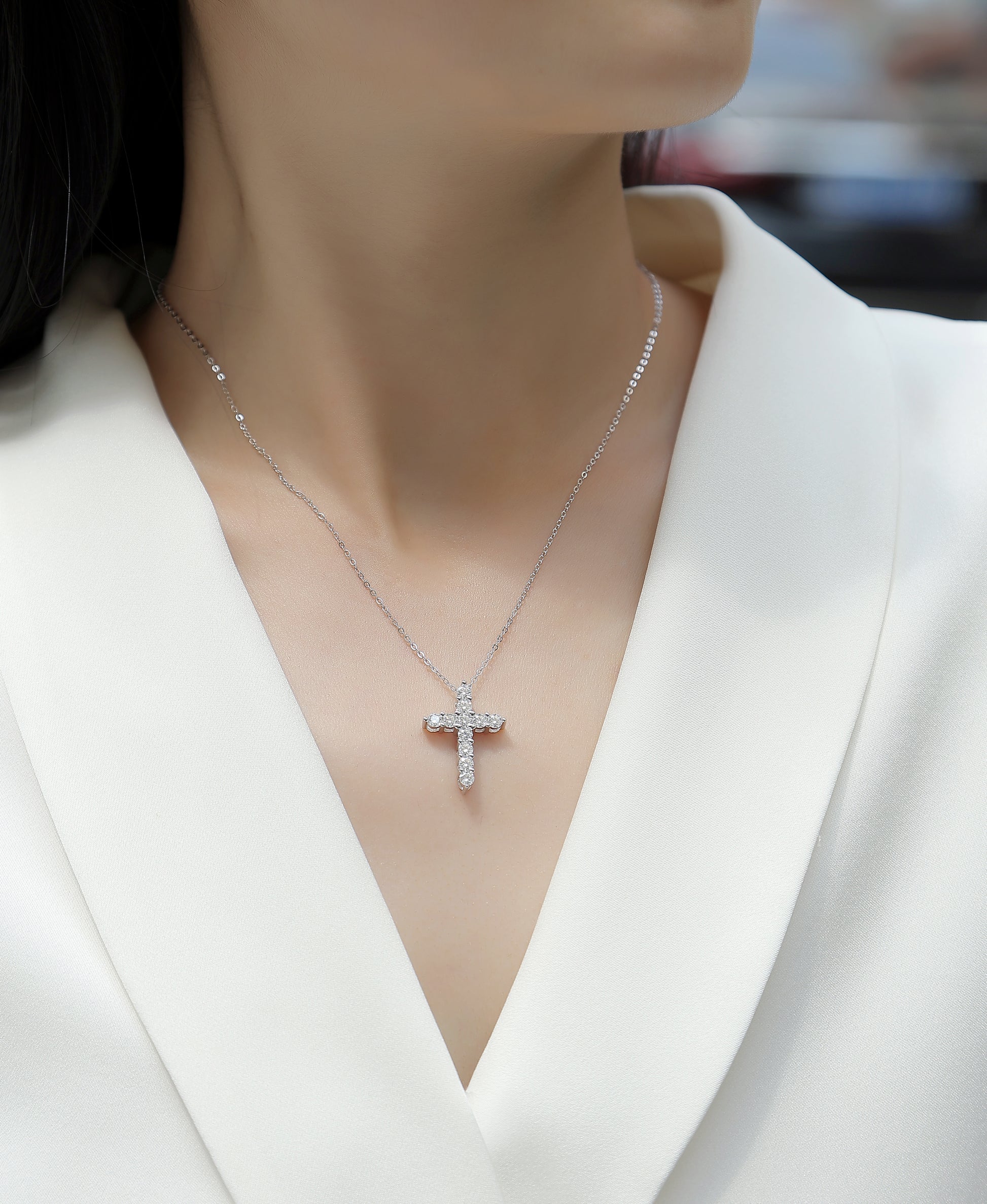 Silver-Tone Pavé Cross Pendant Necklace - View 1 - Smonu