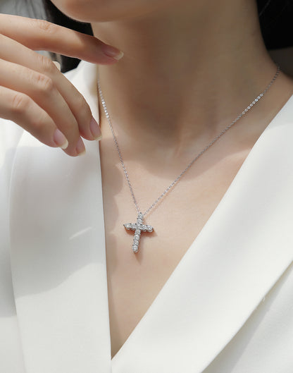 Silver-Tone Pavé Cross Pendant Necklace - View 2 - Smonu