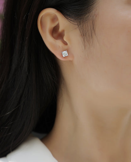 Silver-Tone Princess Cut Stud Earrings - View 1 - Smonu Moissanite Jewelry