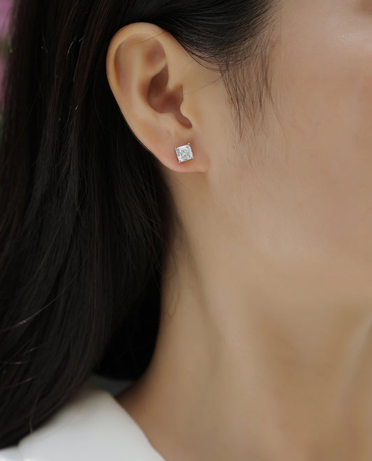 Silver-Tone Princess Cut Stud Earrings - View 1 - Smonu Moissanite Jewelry