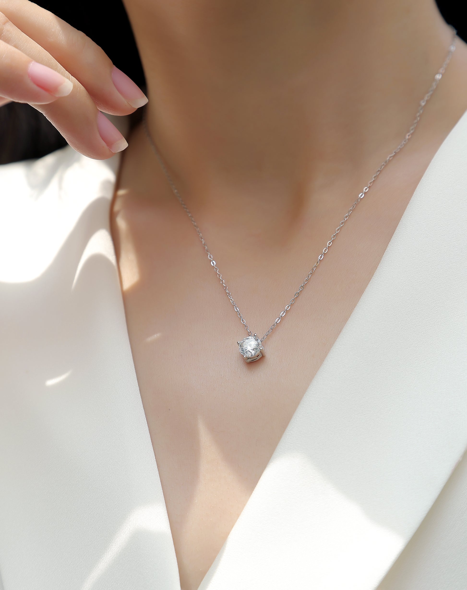 Silver-tone Solitaire Necklace with Round Stone - View 6 - Smonu