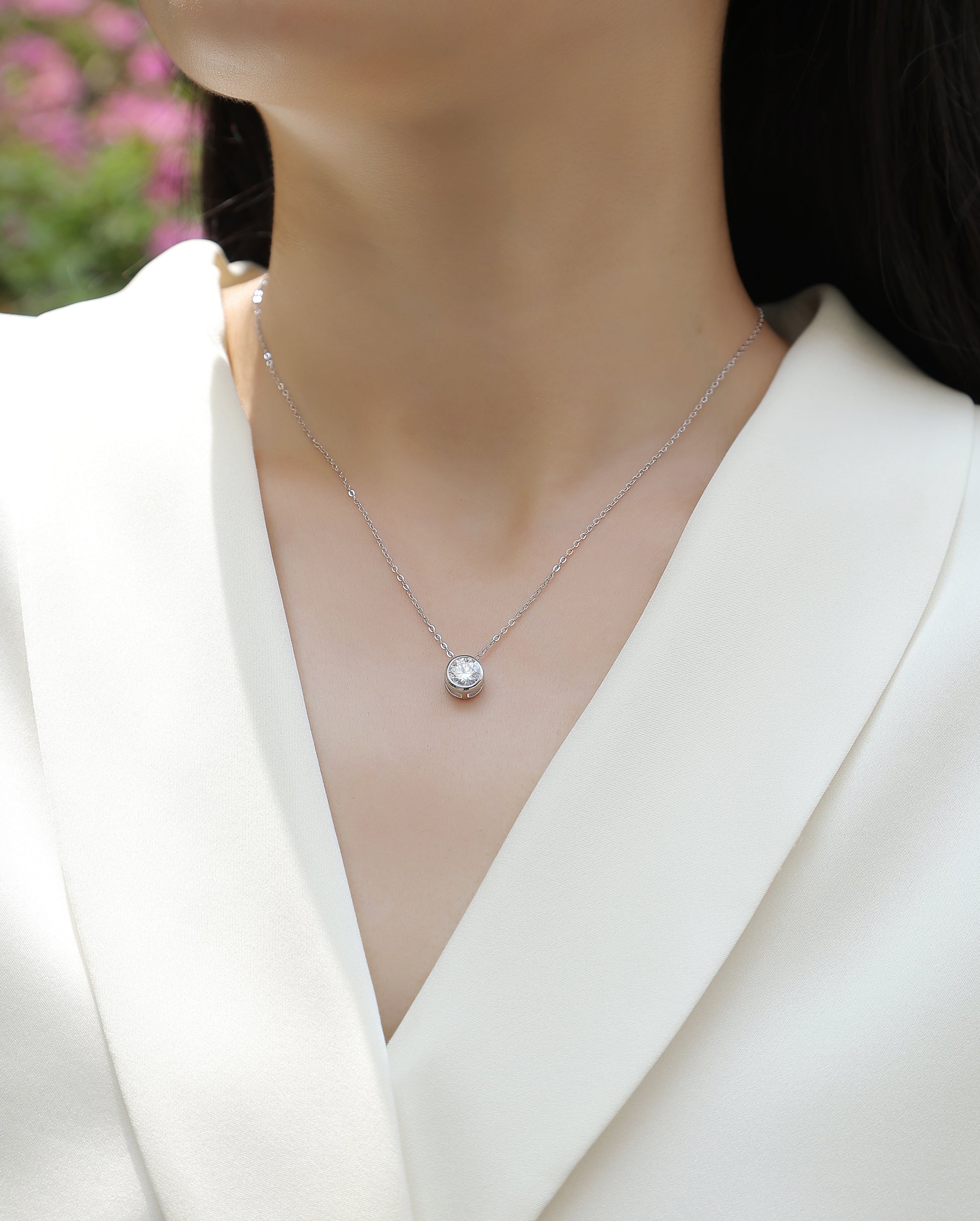 Silver-Tone Round Stone Bezel Necklace - View 5 - Smonu
