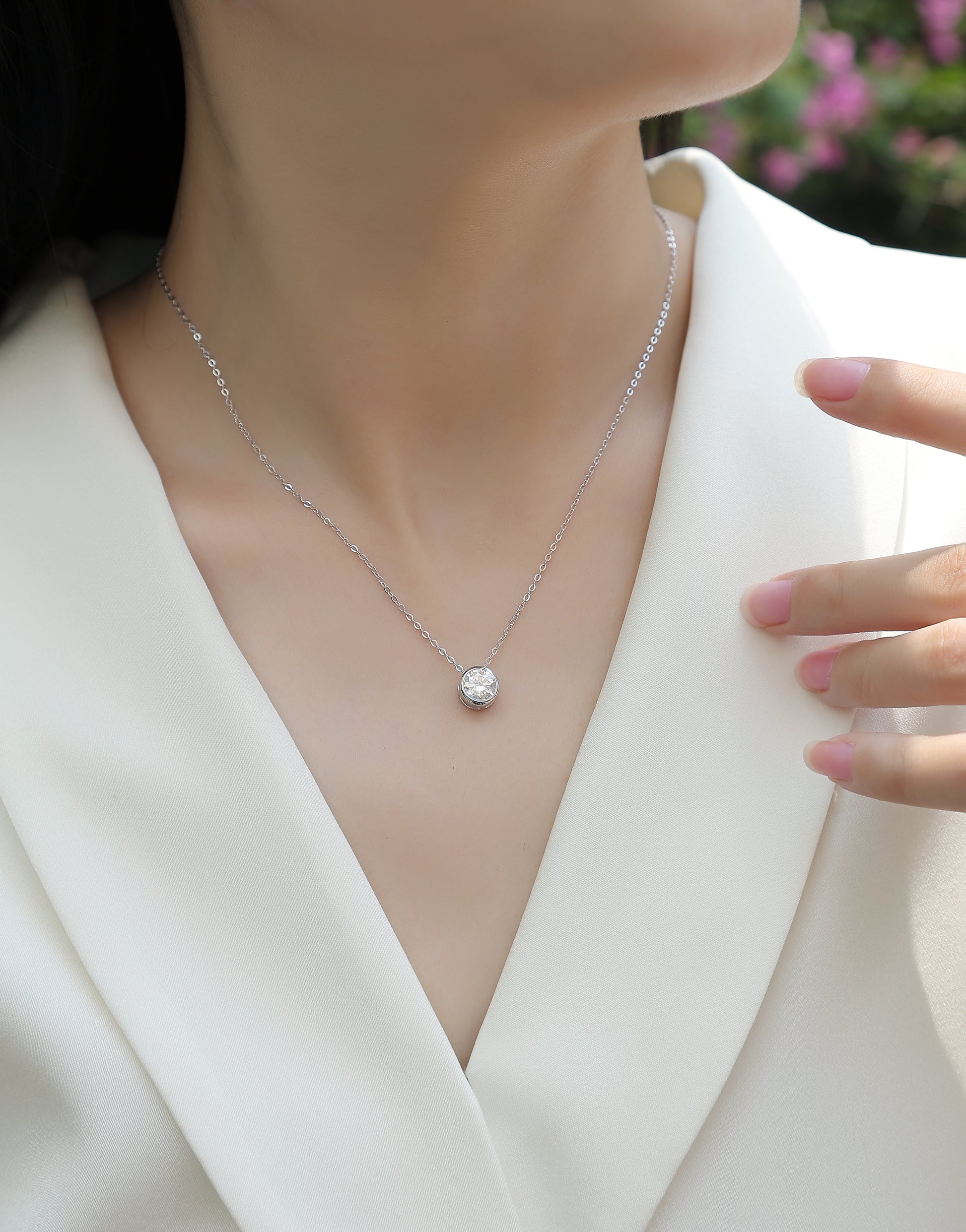 Silver-Tone Round Stone Bezel Necklace - View 6 - Smonu