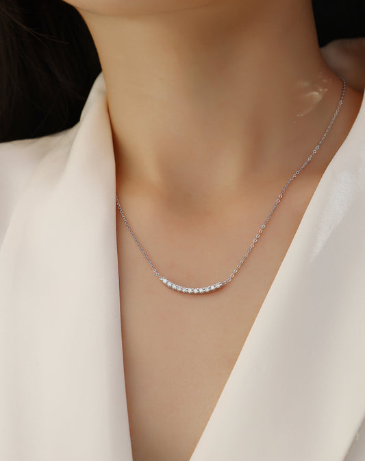 Silver-Tone Curved Bar Necklace with Clear Stones - View 2 - Smonu