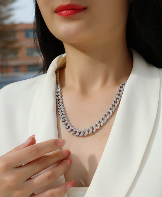 Silver-Tone Cuban Link Necklace with Clear Stones - View 1 - Smonu