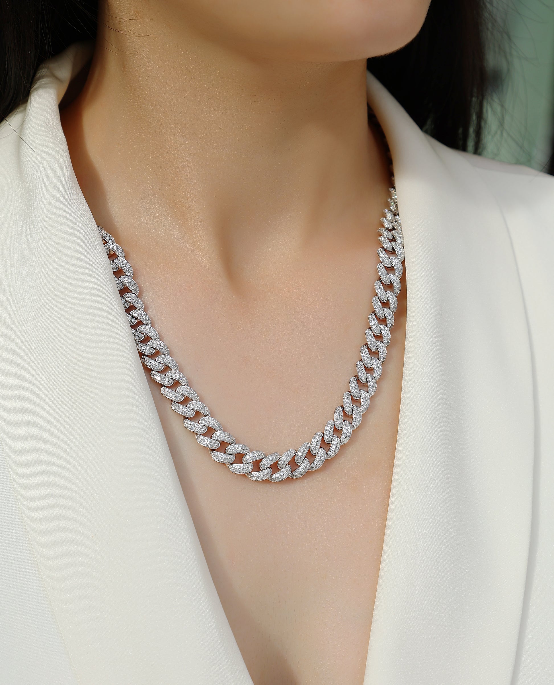 Silver-Tone Cuban Link Necklace with Clear Stones - View 2 - Smonu