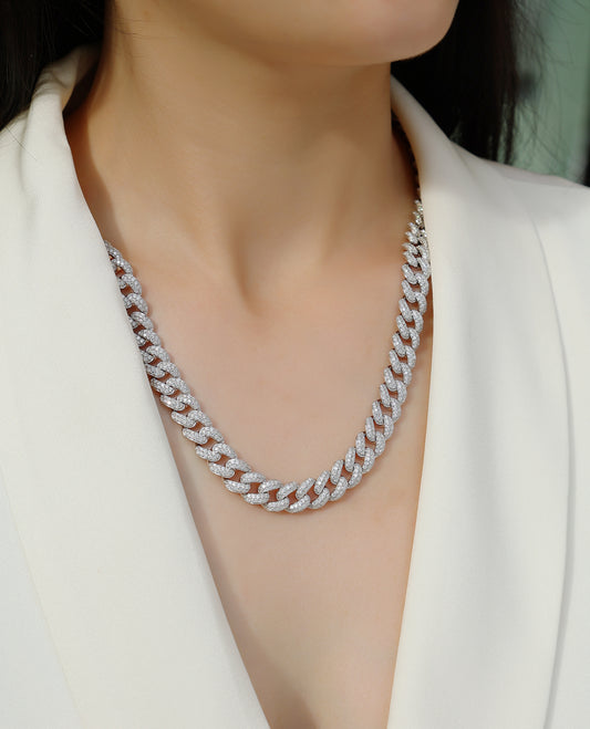 Silver-Tone Cuban Link Necklace with Clear Stones - View 2 - Smonu