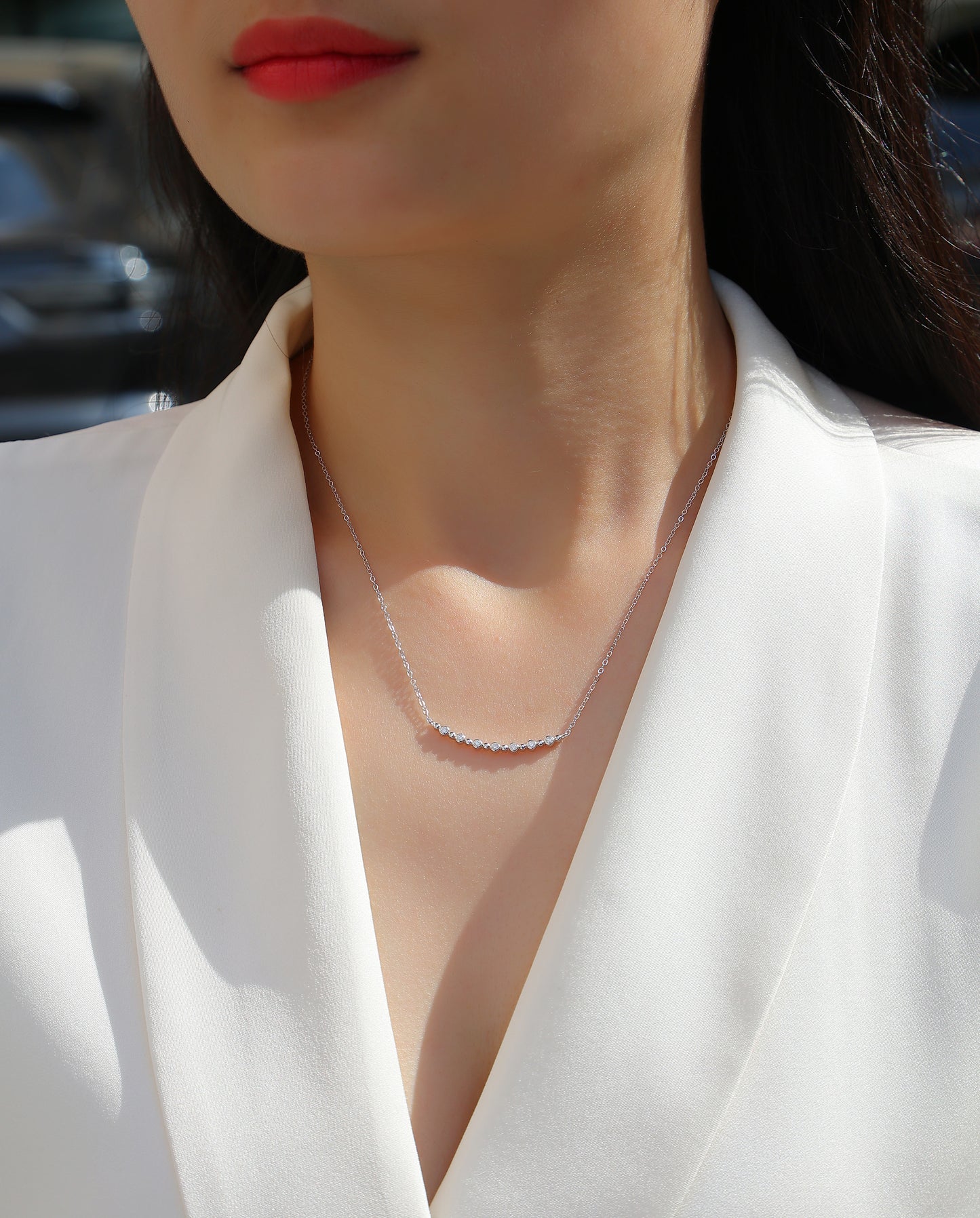 Silver-tone Minimalist Necklace with Row of Stones - View 5 - Smonu