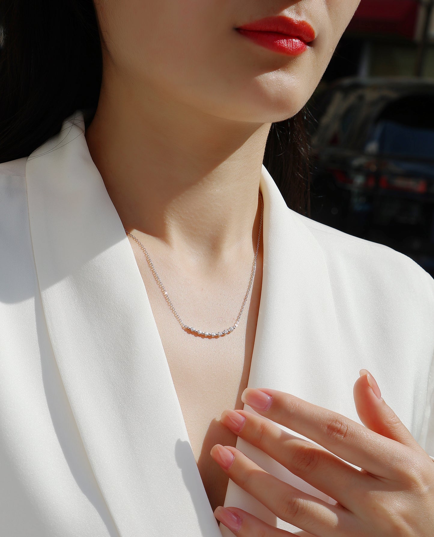 Silver-tone Minimalist Necklace with Row of Stones - View 6 - Smonu