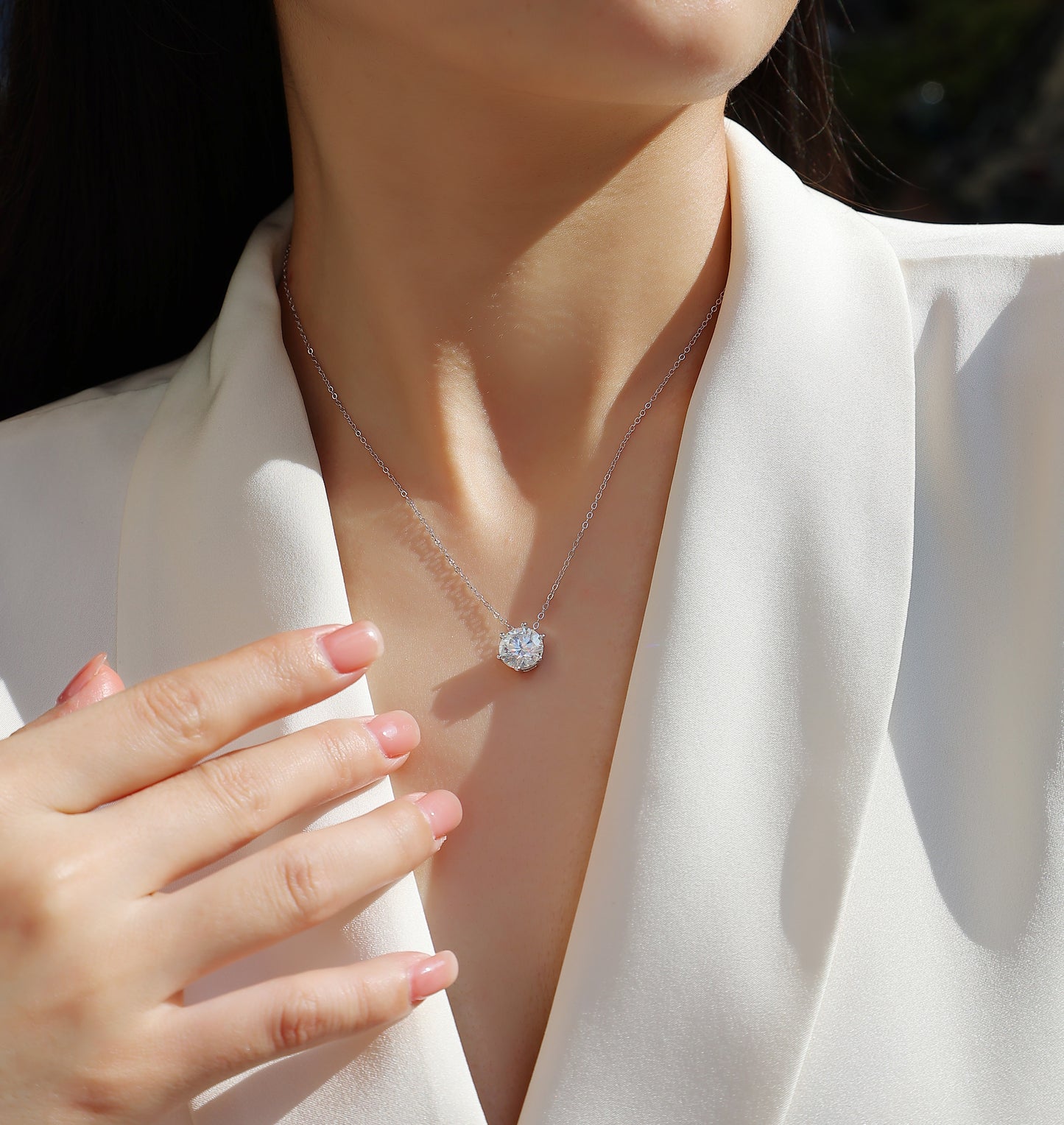 Silver-Tone Round Stone Solitaire Necklace - View 6 - Smonu