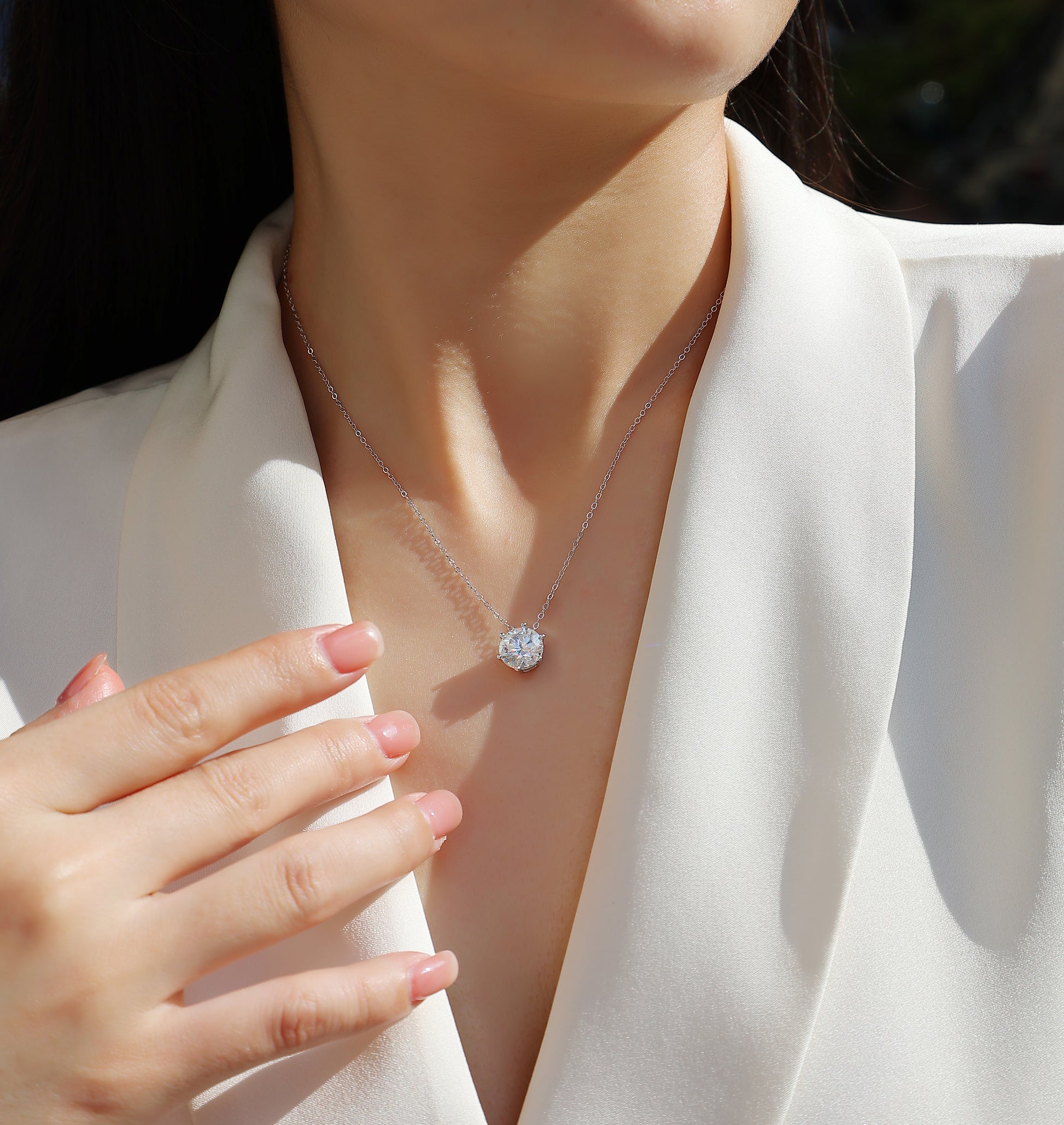 Silver-Tone Round Stone Solitaire Necklace - View 6 - Smonu