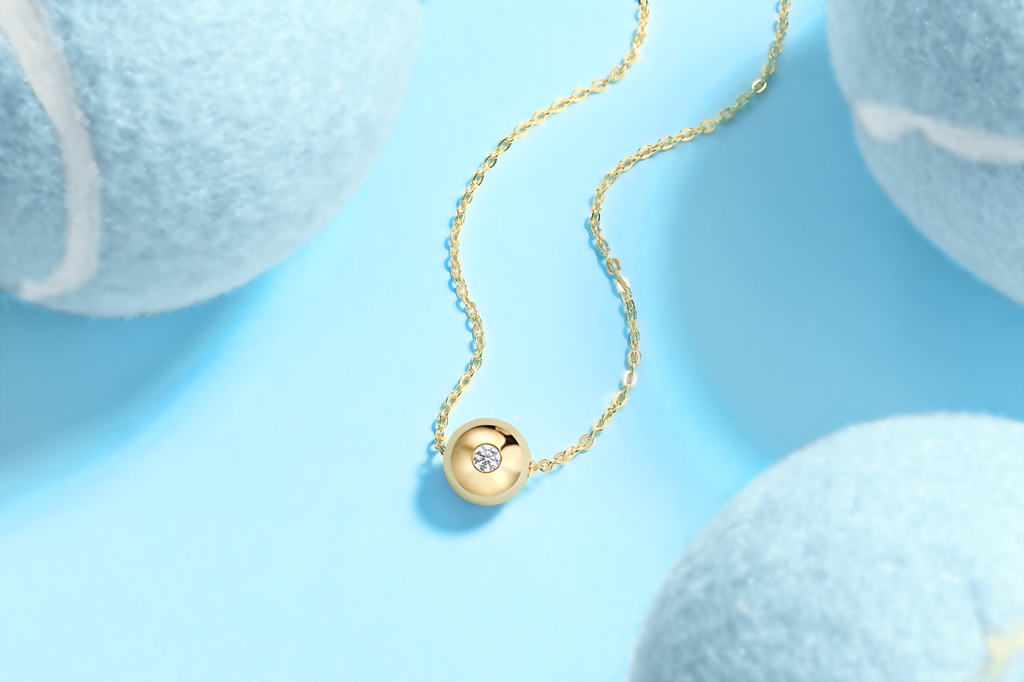 Gold-Tone Textured Sphere Necklace with Clear Stone - View 9 - Smonu