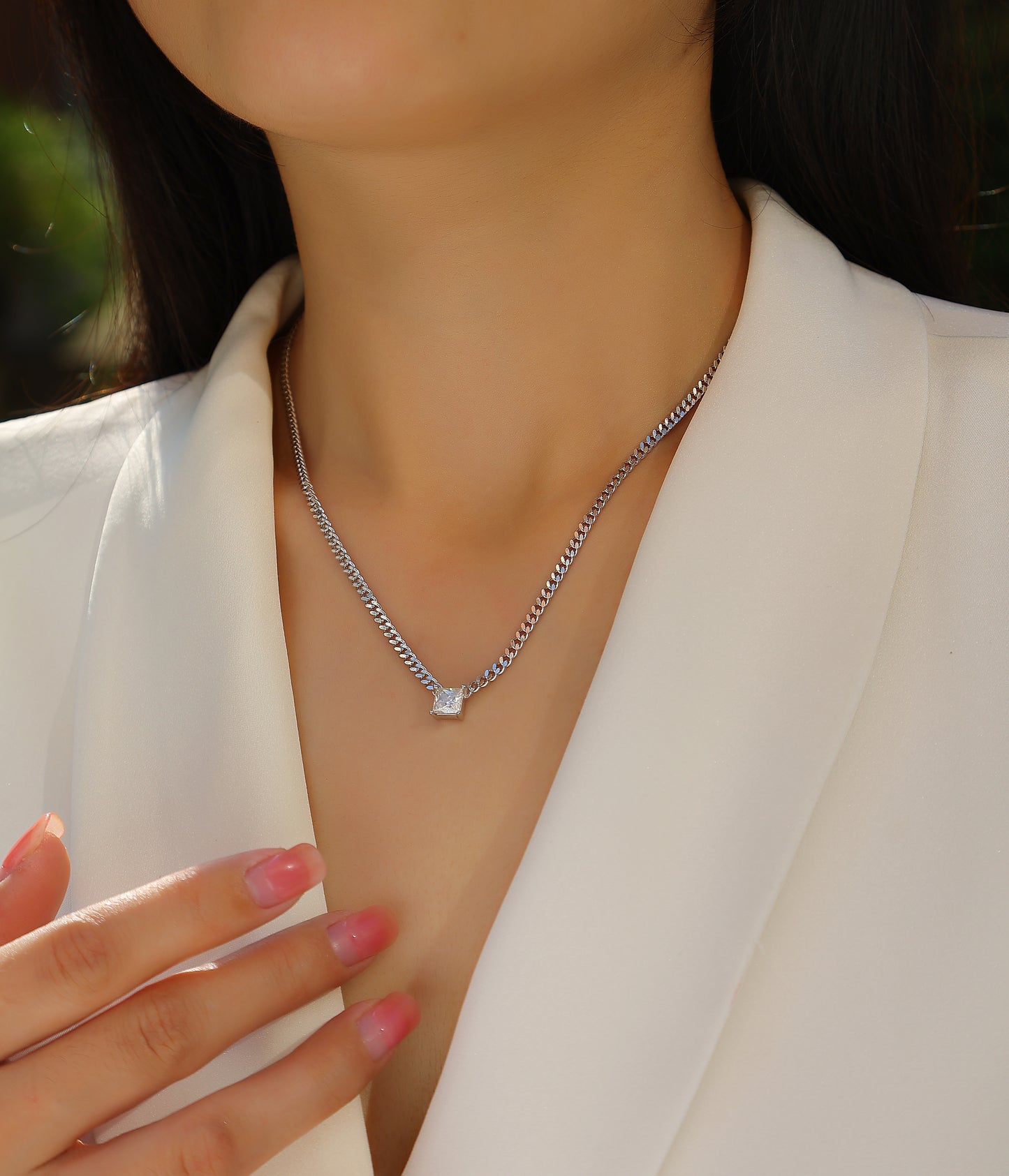 Silver-Tone Princess Cut Pendant Necklace - View 1 - Smonu